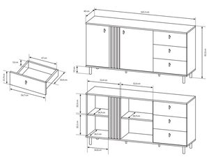 Miniaturka 4 - Rysunek techniczny komody z pionowymi listwami i otwartymi półkami