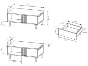 Miniaturka 4 - Rysunek techniczny stolika kawowego z otwartymi półkami i metalowymi nogami