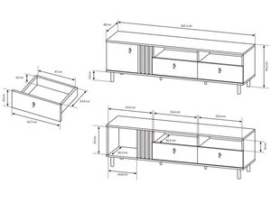 Miniaturka 4 - Rysunek techniczny szafki RTV z pionowymi listwami i otwartymi półkami