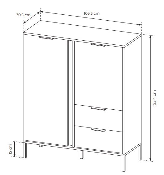 Rysunek techniczny przedstawiający wysoką komodę z szczegółowymi wymiarami Rysunek techniczny przedstawiający wysoką komodę z szczegółowymi wymiarami