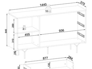 Miniaturka 6 - Techniczny rysunek komody z szufladami i ryflowanymi drzwiami