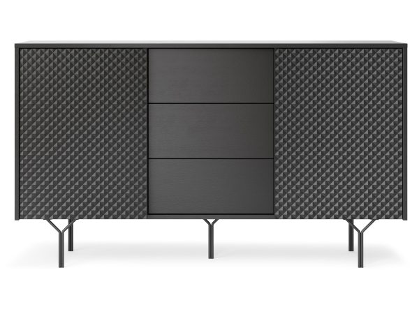 Czarna komoda z pionowymi liniami i ryflowanymi frontami w stylu nowoczesnym