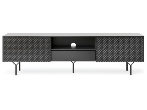 Nowoczesna czarna szafka RTV z przegrodami i metalowymi nogami