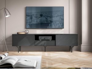 Miniaturka 4 - Czarna szafka RTV z frezowanym frontem i stalowymi nogami, styl loftowy