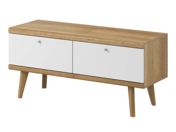 Biała szafka RTV z dębowym korpusem i drewnianymi nogami, styl skandynawski