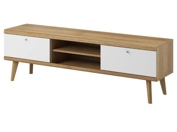 Szafka RTV z białymi frontami i wnęką