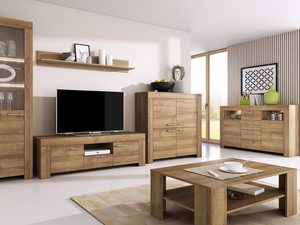 Miniaturka 1 - Nowoczesny zestaw mebli RTV z drewnianymi frontami
