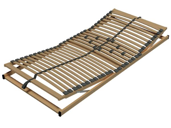 Drewniany stelaż łóżka z elastycznymi listwami i metalowymi uchwytami