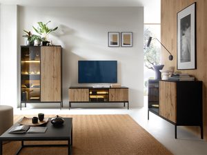 Miniaturka 4 - Meble do salonu w stylu industrialnym z czarną szafką RTV i witryną z lamelami