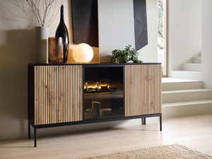 Miniaturka 3 - Nowoczesna komoda z podświetleniem LED w czarnej ramie i dębowymi frontami