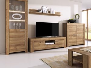 Miniaturka 4 - Meblościanka RTV z dużą komodą i witryną w odcieniu naturalnego dębu