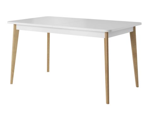 Nowoczesny biały stół na drewnianych nogach, styl minimalistyczny