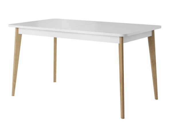 Nowoczesny biały stół na drewnianych nogach, styl minimalistyczny