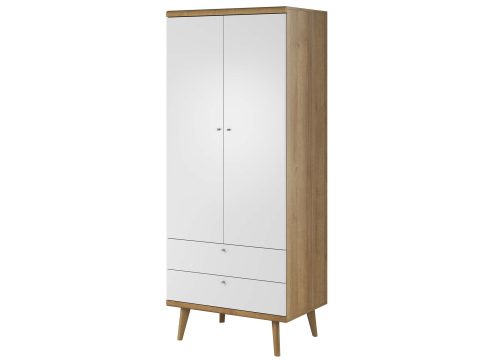 Szafa z białymi drzwiami i dębowym wykończeniem, styl skandynawski
