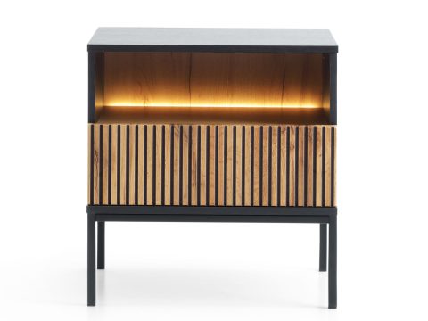 Stolik nocny z czarnym korpusem i dębowymi frontami z pionowych listew