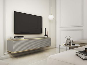 Miniaturka 7 - Szara nowoczesna szafka RTV z frezowanymi frontami w eleganckim salonie