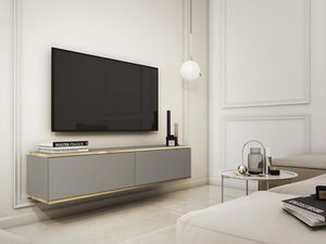 Miniaturka 5 - Nowoczesna szara szafka RTV z frezowanym frontem i złotą listwą w salonie