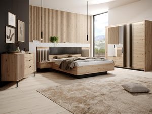 Miniaturka 1 - Aranżacja sypialni z drewnianymi meblami i nowoczesnym łóżkiem