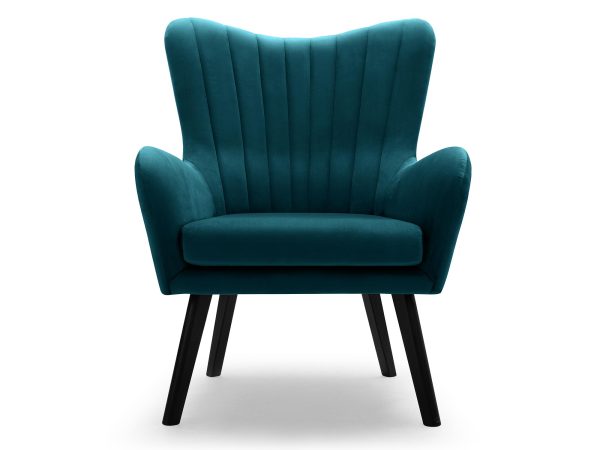 Turkusowy fotel tapicerowany z pionowym pikowaniem, styl retro