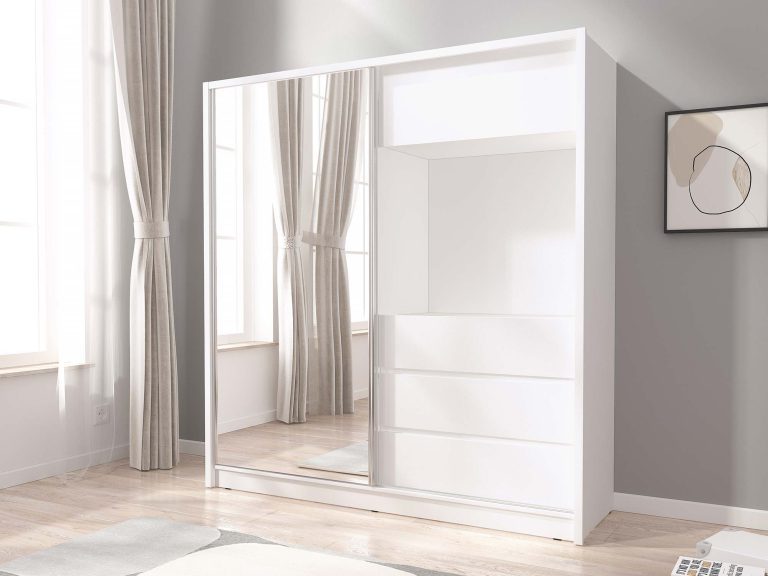 Biała szafa z lustrami, styl nowoczesny, minimalistyczny design