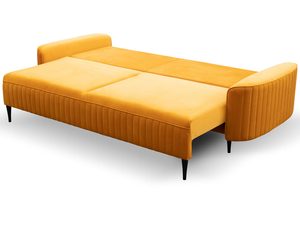 Miniaturka 11 - Musztardowa sofa welurowa z funkcją spania na metalowych nóżkach