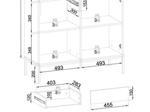 Miniaturka 9 - Schemat wymiarów wysokiej witryny z półkami i frontami