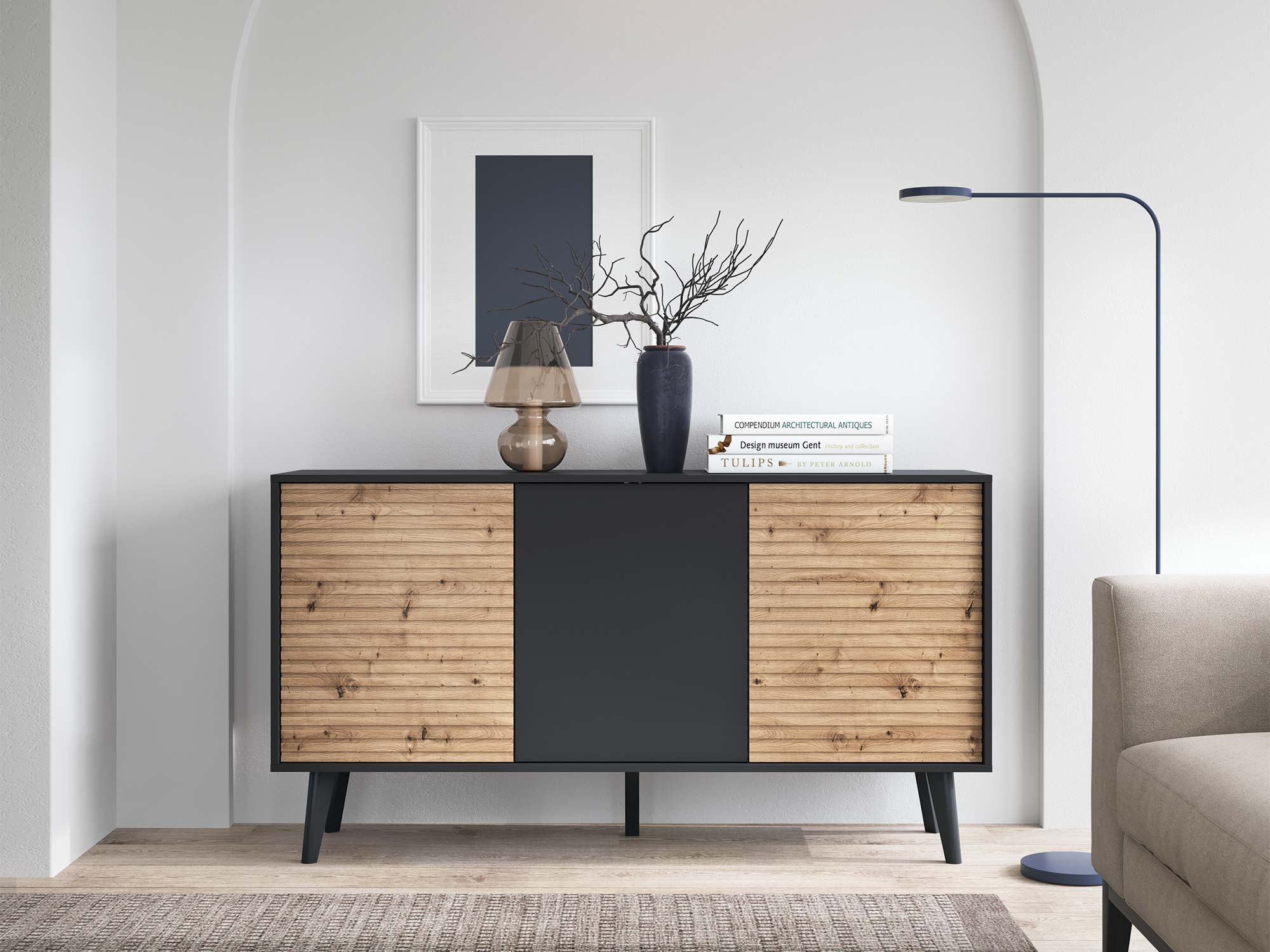 Nowoczesna komoda z czarnymi frontami i drewnianymi elementami