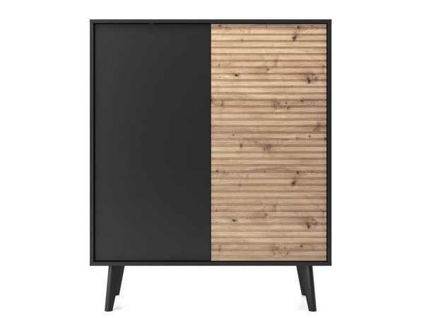 Komoda z drewnianymi frontami i czarną obudową w stylu industrialnym