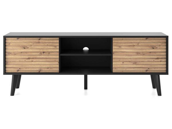 Nowoczesna szafka RTV z drewnianymi frontami i czarną podstawą