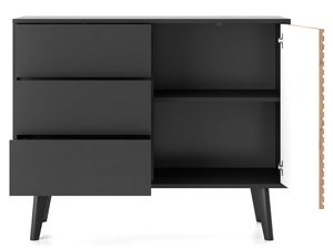 Miniaturka 2 - Nowoczesna wysoka komoda z czarnymi szufladami i drewnianymi drzwiami