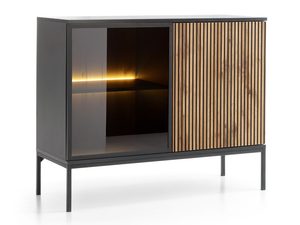 Miniaturka 1 - Nowoczesna komoda czarno-dębowa z przeszklonym frontem i oświetleniem
