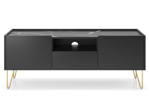 Nowoczesna szafka RTV z marmurowym blatem i przestrzenią otwartą