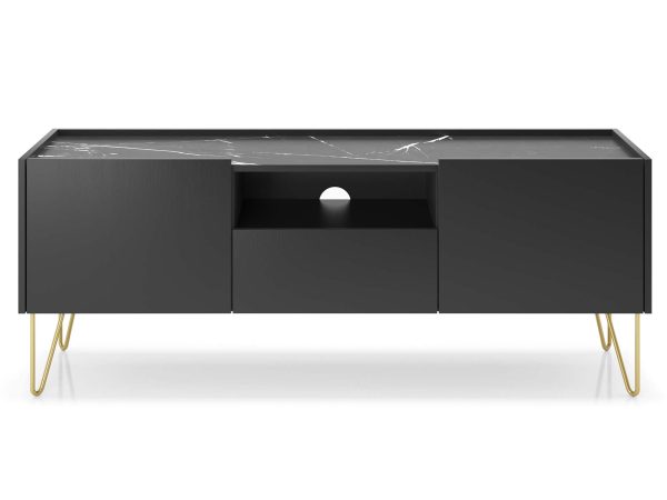 Nowoczesna szafka RTV z marmurowym blatem i przestrzenią otwartą