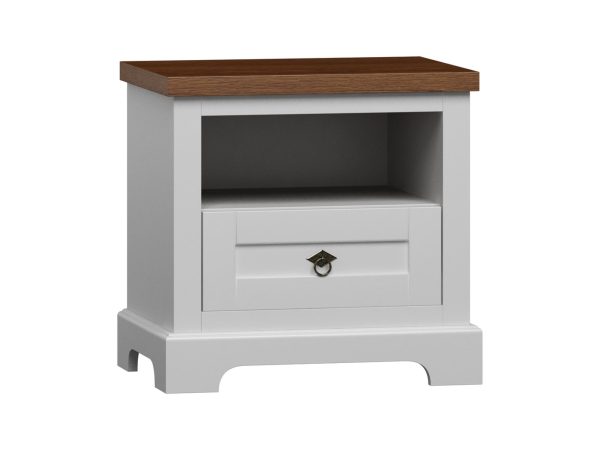 Biała szafka nocna z szufladą i drewnianym blatem, styl prowansalski