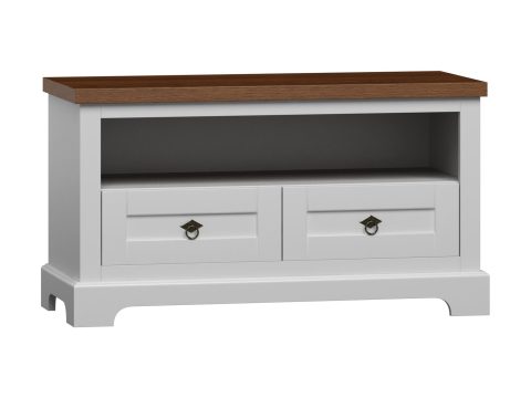 Biała szafka RTV z szufladami i półkami, styl prowansalski