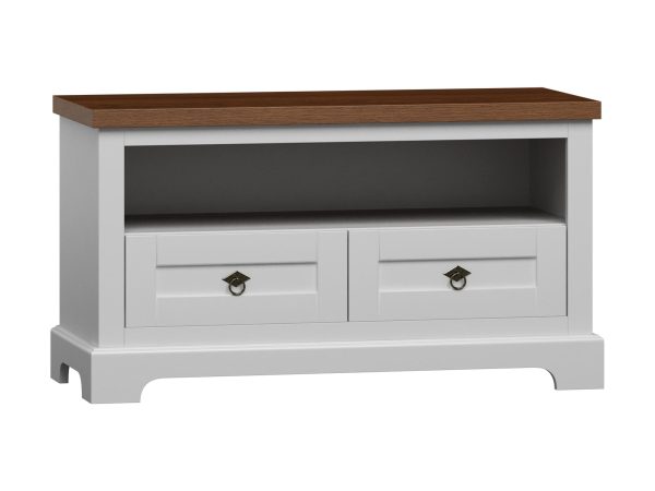 Biała szafka RTV z szufladami i półkami, styl prowansalski