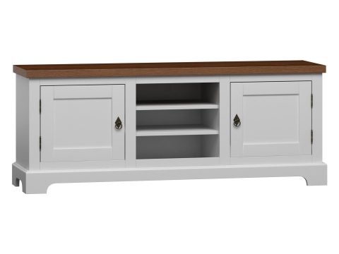 Biała szafka RTV z półkami i szufladami, styl prowansalski