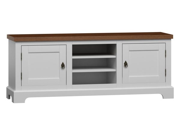 Biała szafka RTV z półkami i szufladami, styl prowansalski