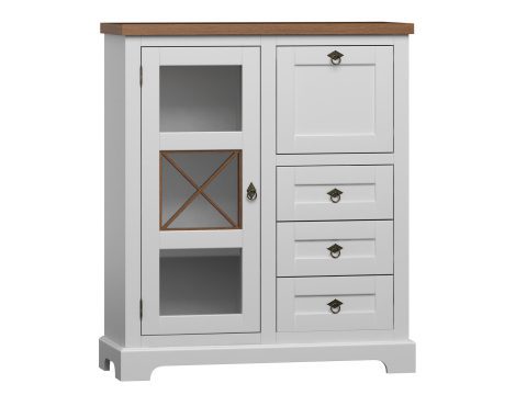 Biała witryna z przeszklonymi drzwiami i krzyżowymi detalami, styl prowansalski