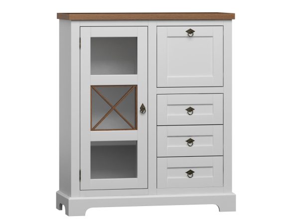 Biała witryna z przeszklonymi drzwiami i krzyżowymi detalami, styl prowansalski