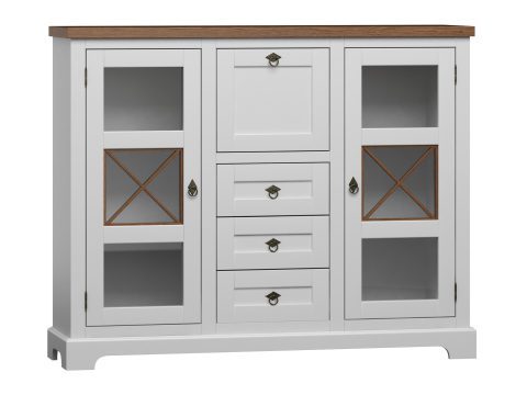 Biała witryna z przeszklonymi drzwiami i szufladami, styl prowansalski