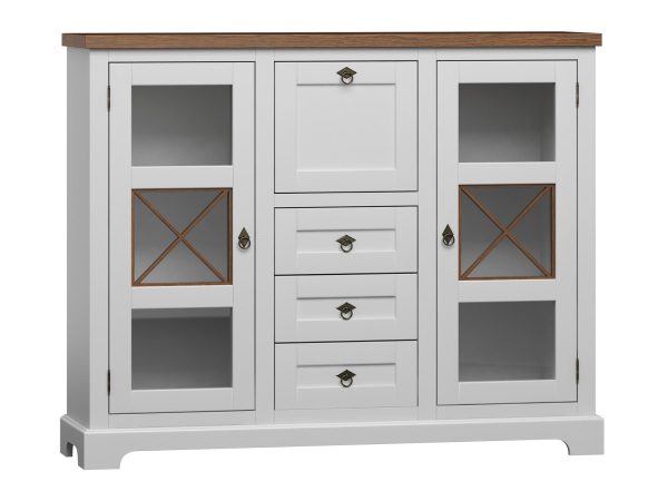 Biała witryna z przeszklonymi drzwiami i szufladami, styl prowansalski