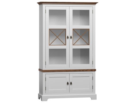 Biała witryna z przeszklonymi drzwiami i szufladami, styl prowansalski