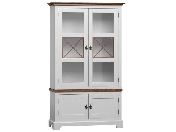 Biała witryna z przeszklonymi drzwiami i szufladami, styl prowansalski