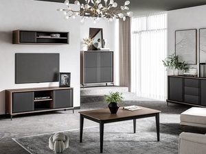 Miniaturka 1 - Nowoczesny salon z drewnianymi meblami w ciemnym wykończeniu i industrialnym stylu