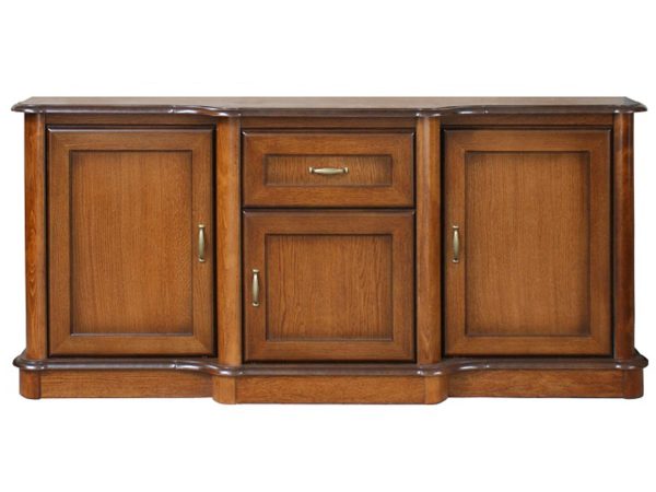 Drewniana komoda z trzema szufladami i ozdobnymi uchwytami, styl klasyczny