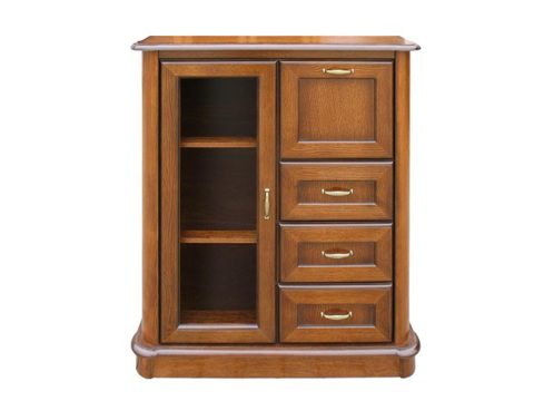 Wysoka drewniana komoda z czterema szufladami, styl klasyczny