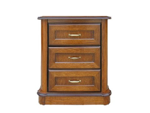 Drewniana komoda z trzema szufladami i ozdobnymi uchwytami, styl klasyczny