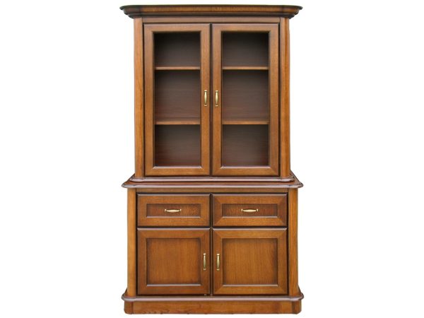 Drewniana witryna z przeszklonymi drzwiami, klasyczny design