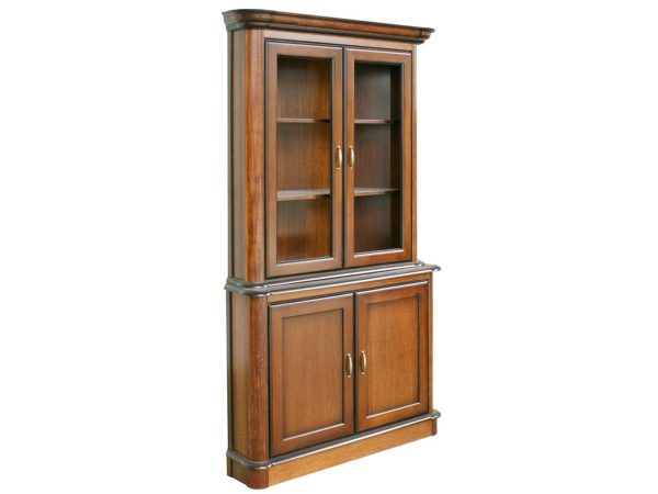 Klasyczna drewniana witryna z przeszklonymi drzwiami i szufladami